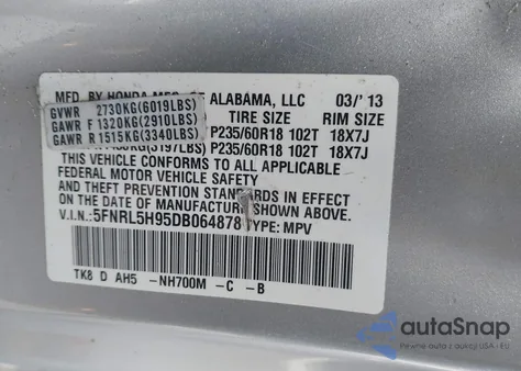 2013 Honda Odyssey Touring/Touring Elite from USA, damaged, VIN 5FNRL5H95DB064878